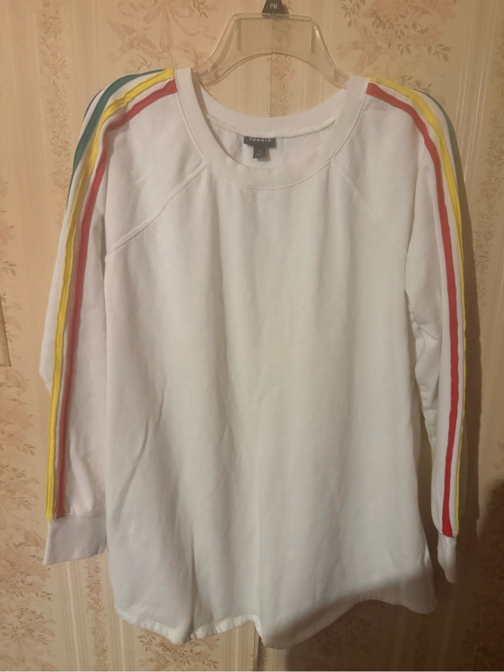 torrid White Womenโs Sweatshirt with Red, Yellow & Green &Blue Shoulder Stripes